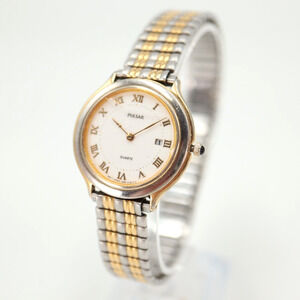 Vintage Pulsar Watch Women Two Tone 29mm White Dial Date V899-0070 w New Battery